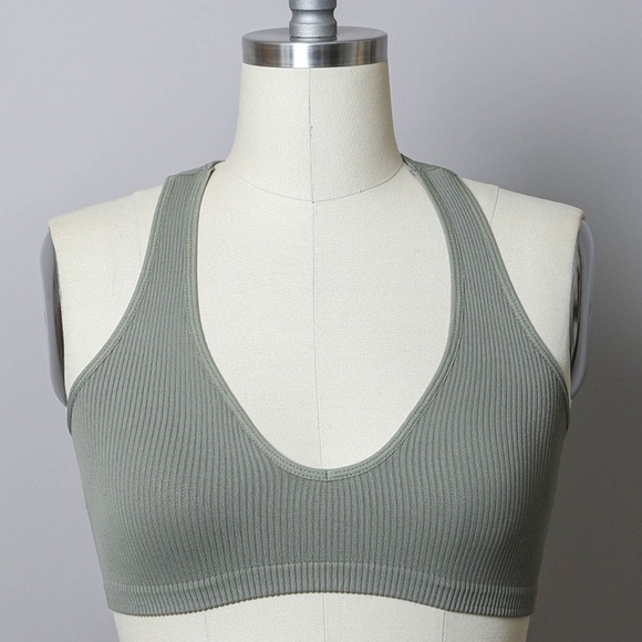 Sage Solid Ribbed Racerback Stretchy Casual Low Cut Bralette - Picture 3 of 5